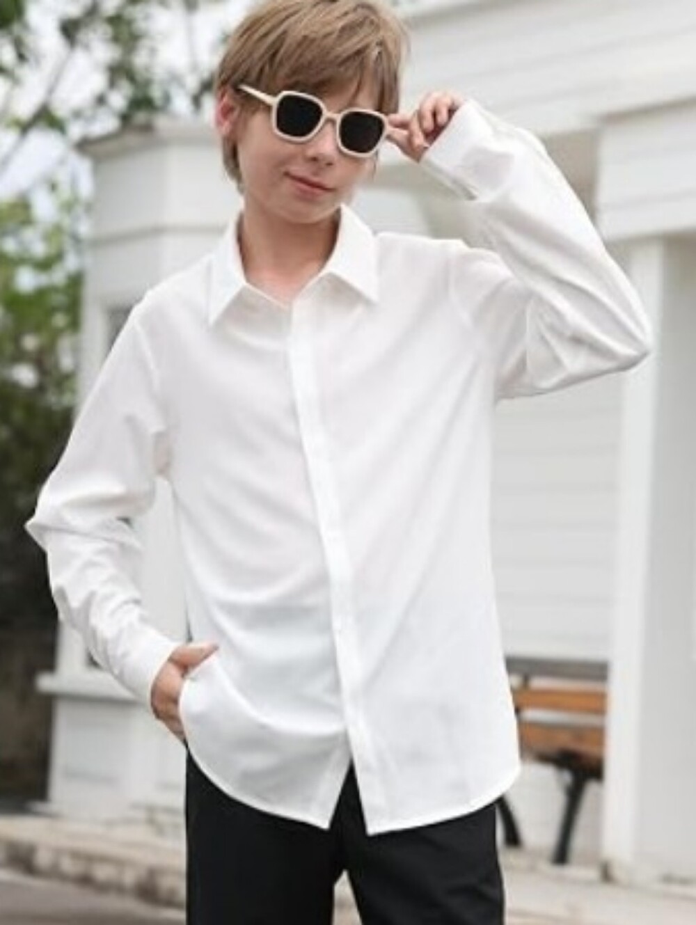 Boys Long Sleeve Dress Shirts Button Down Wrinkle-Resistant White